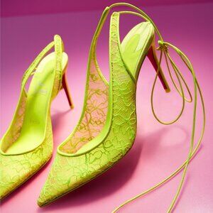 Christian Louboutin LACE UP KATE 85 Satin Heel Pumps Shoes Fluo Neon Yellow